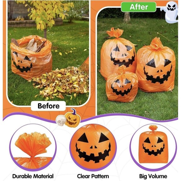 Lawn Bags Pumpkin Jack O Lantern Set Of 6 Multiple Sizes W/ Twist Ties Kimober - Picture 3 of 7